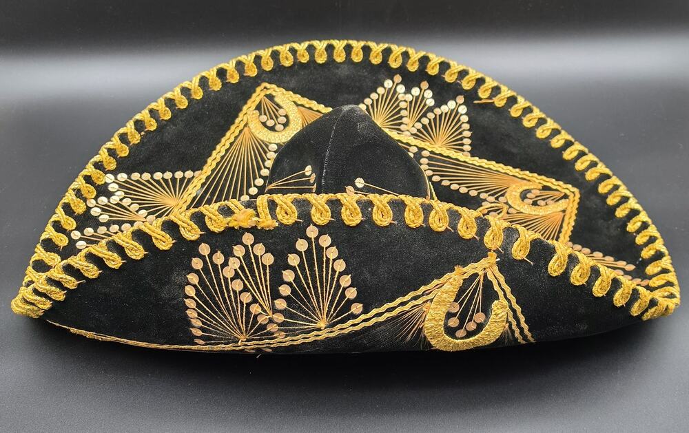 Authentic Vintage Mexican Sombrero Black Felt Gold Emb Sequin Detail 24x18x7.25